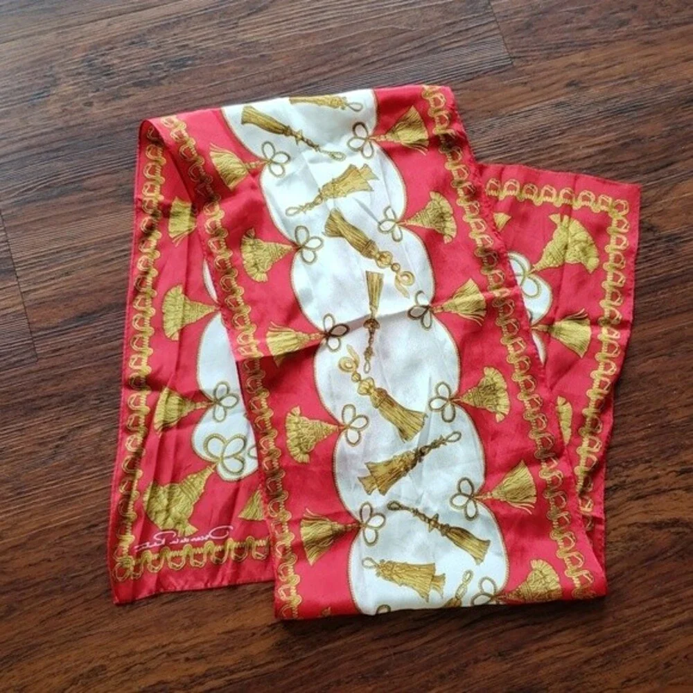 Oscar de la Renta Gold Tassle Red Chic Old Money Delicate Feminine Silk Scarf